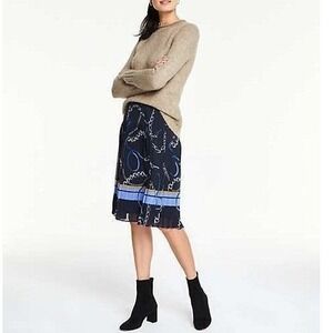 Ann Taylor Pleated Skirt 6P Blue Chain Print A-Line Equestrian Dark Academia